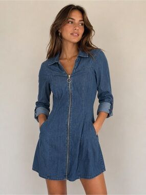 Guess Blue Denim look Zip-Front Shirt Dress Size XS NWT